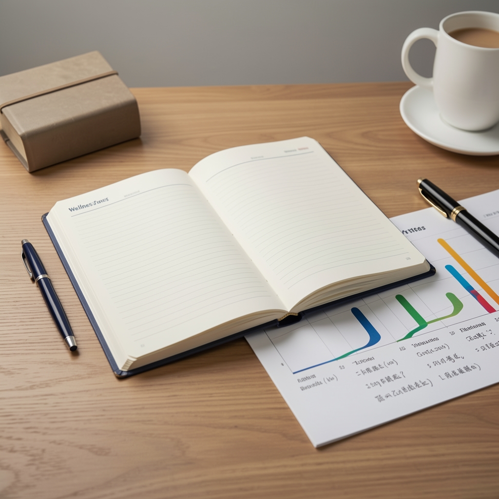 Man tracking workout progress in wellness journal with morning coffee on wooden desk