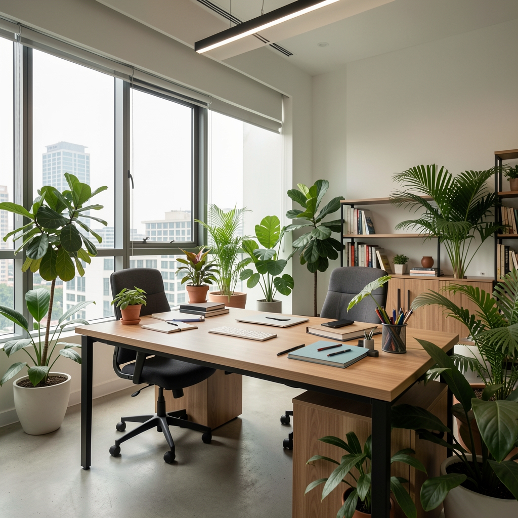 Jakarta editorial office interior with writing workspace, natural light and houseplants
