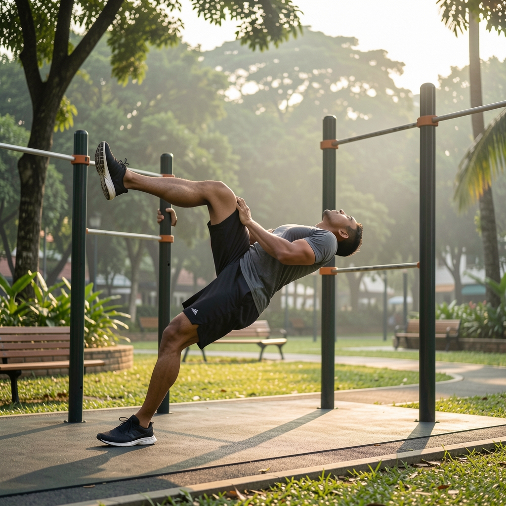 Man practicing outdoor functional fitness in early morning Jakarta park with bodyweight movements