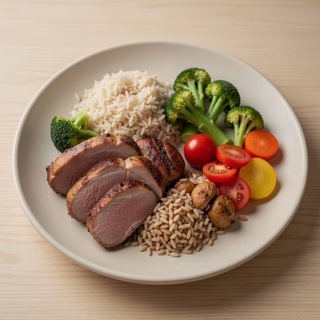 Balanced meal composition with lean protein, whole grains, and vegetables on minimalist ceramic plate