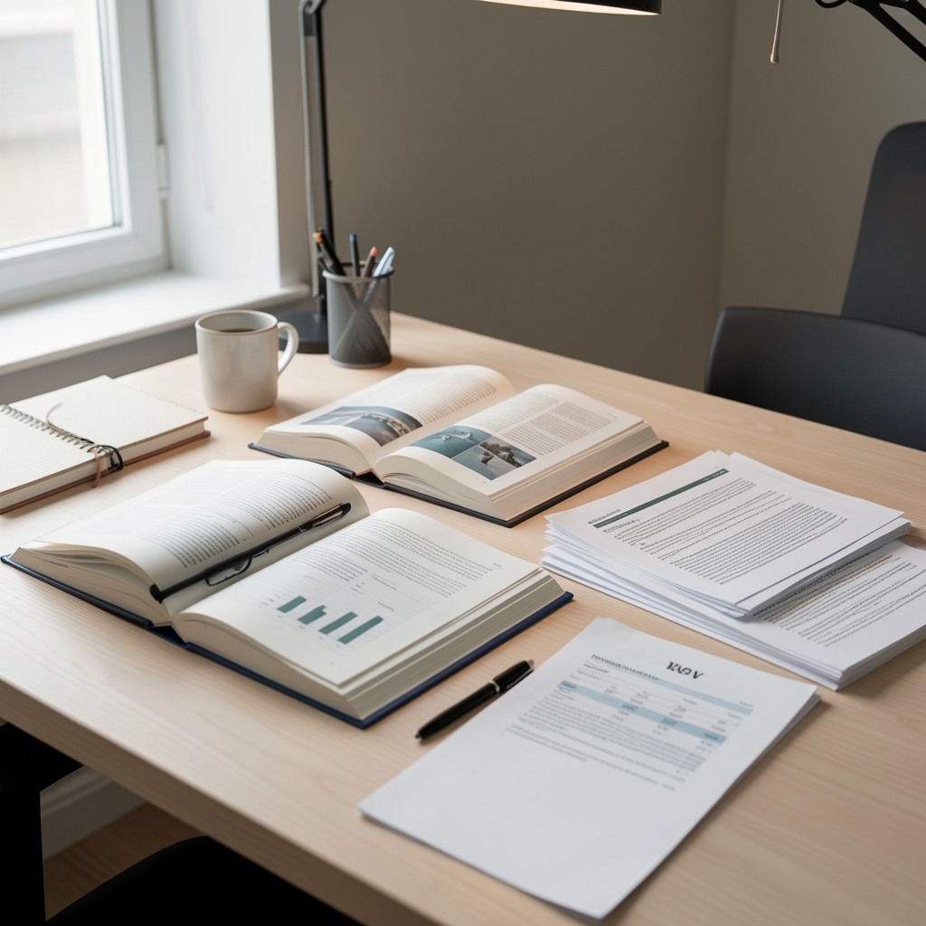 Editorial desk with open research publications, notebooks and citation review documents under clean workspace lighting