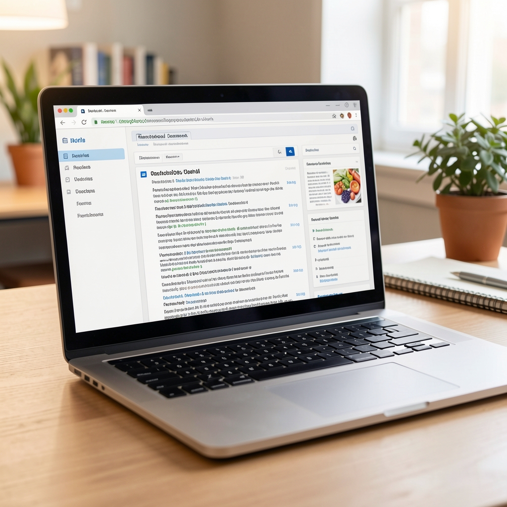 Open laptop displaying research journal database with academic citations and nutritional studies in focused workspace